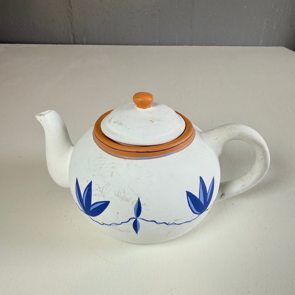 Vintage Hand Painted Ceramic Teapot Floral Motif Terracotta Trim Boho Folk Art